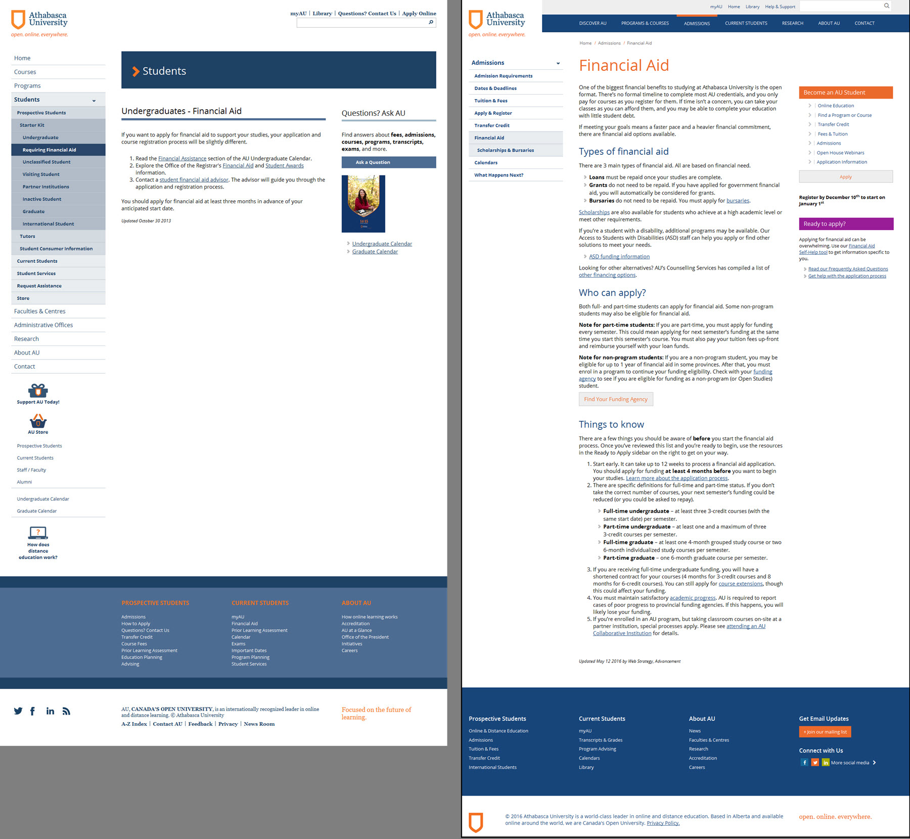 Comparison of original and revised versions of Athabasca University's financial aid page