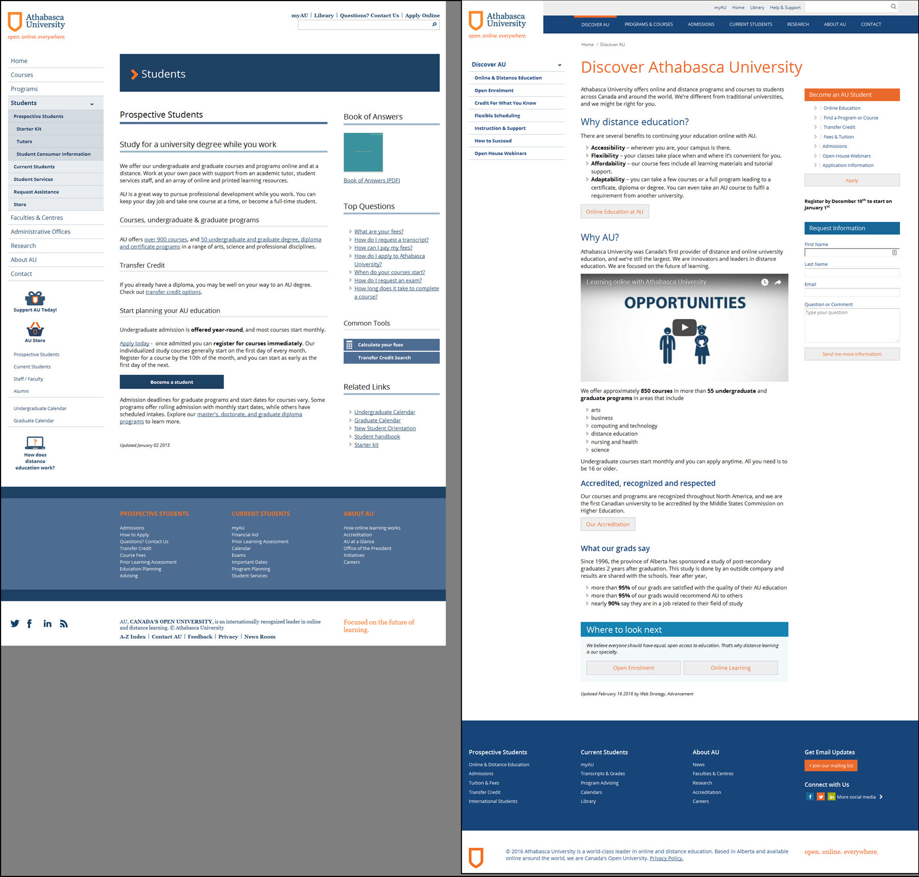 Comparison of original and revised versions of Athabasca University's prospective students landing page