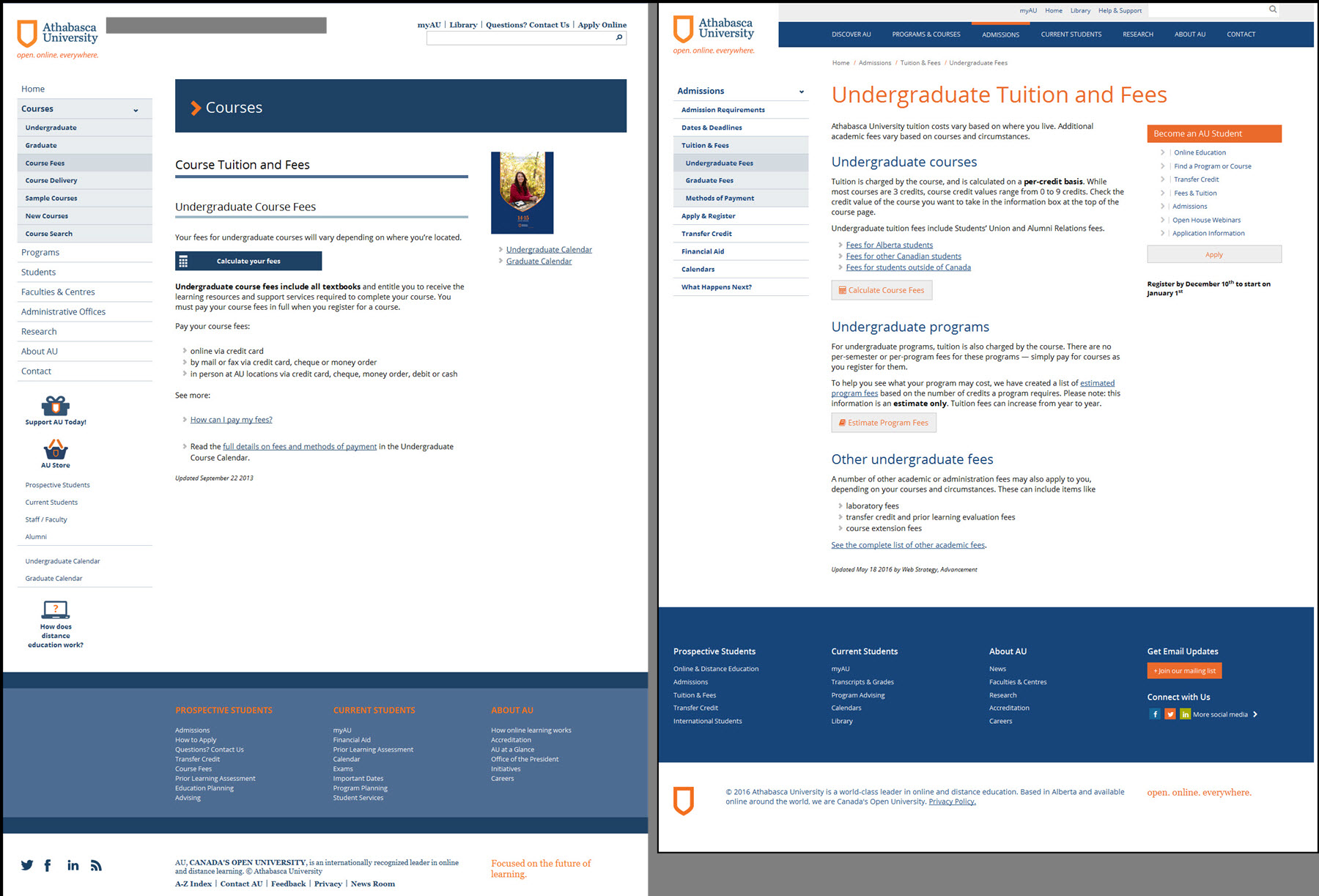 Comparison of original and revised versions of Athabasca University's undergraduate fees page