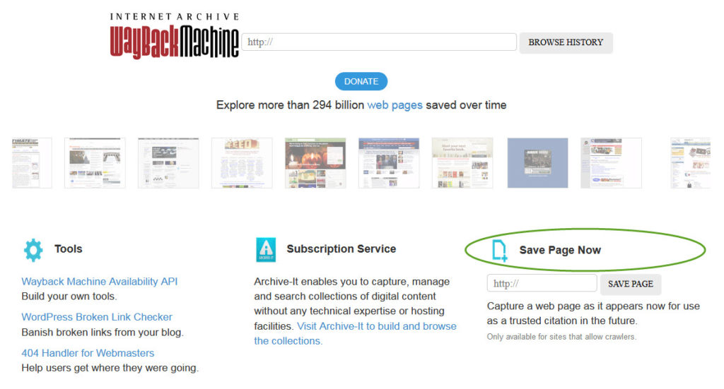 Wayback Machine screencapture showing Save Page Now tool